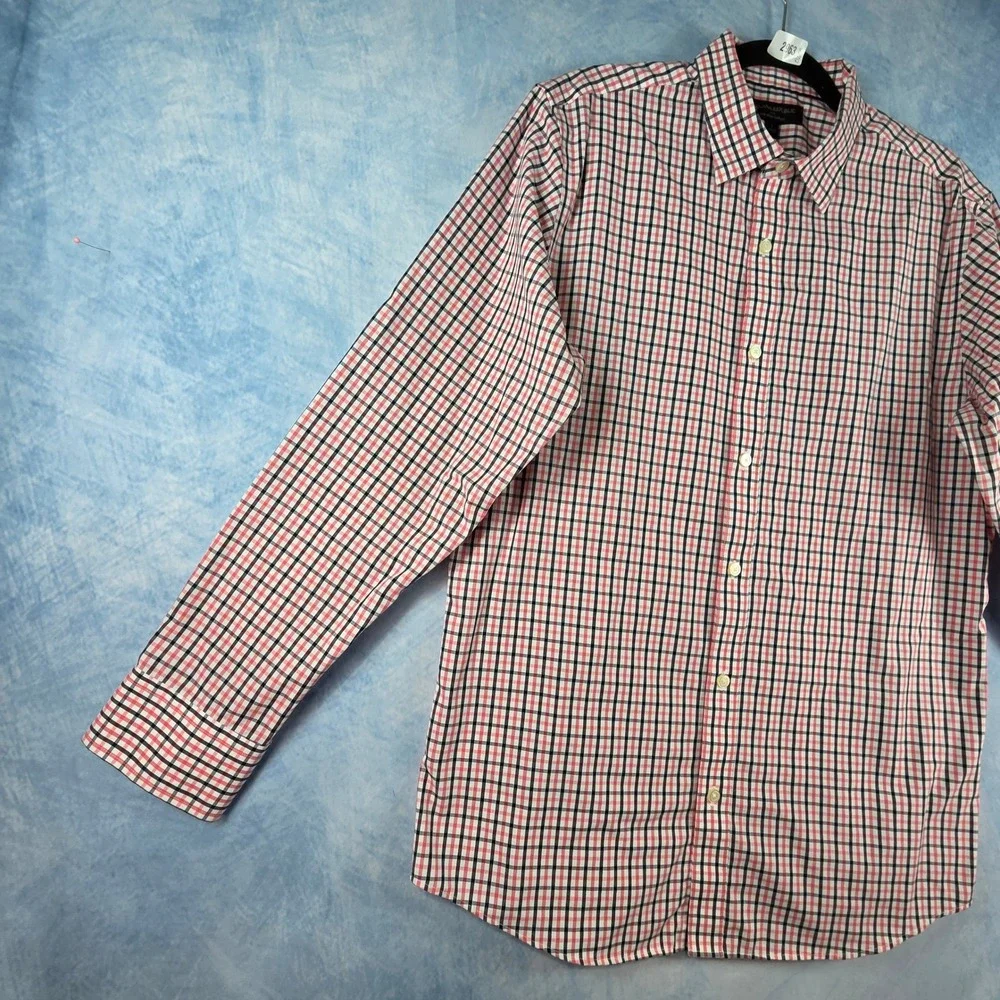 Banana Republic Mens Non-Iron Slim Fit Shirt‎ L Red Navy Tattersall Check Plaid
